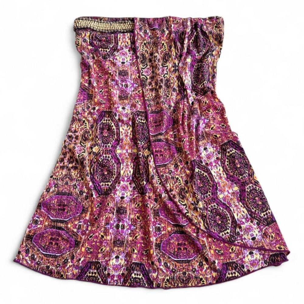 Y2K Pink Sele Abstract Boho Beaded Strapless Top Small